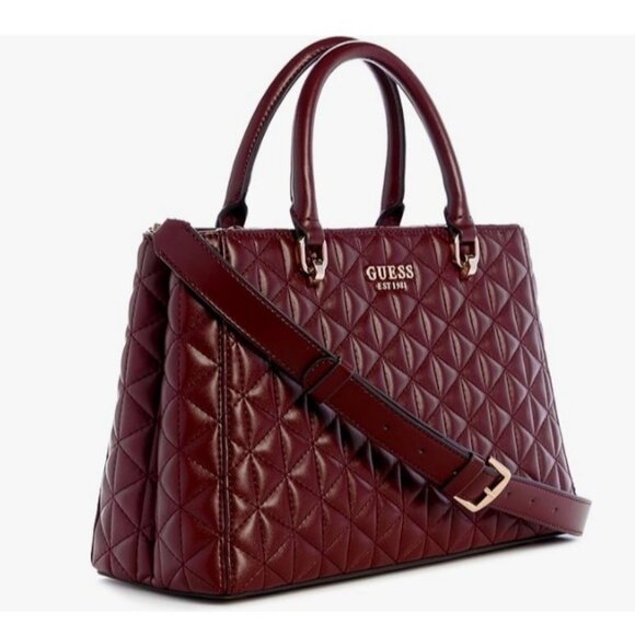GUESS Kori Girlfriend quilted large satchel crossbody bag - Burgundy / Wine /Red - Picture 2 of 11